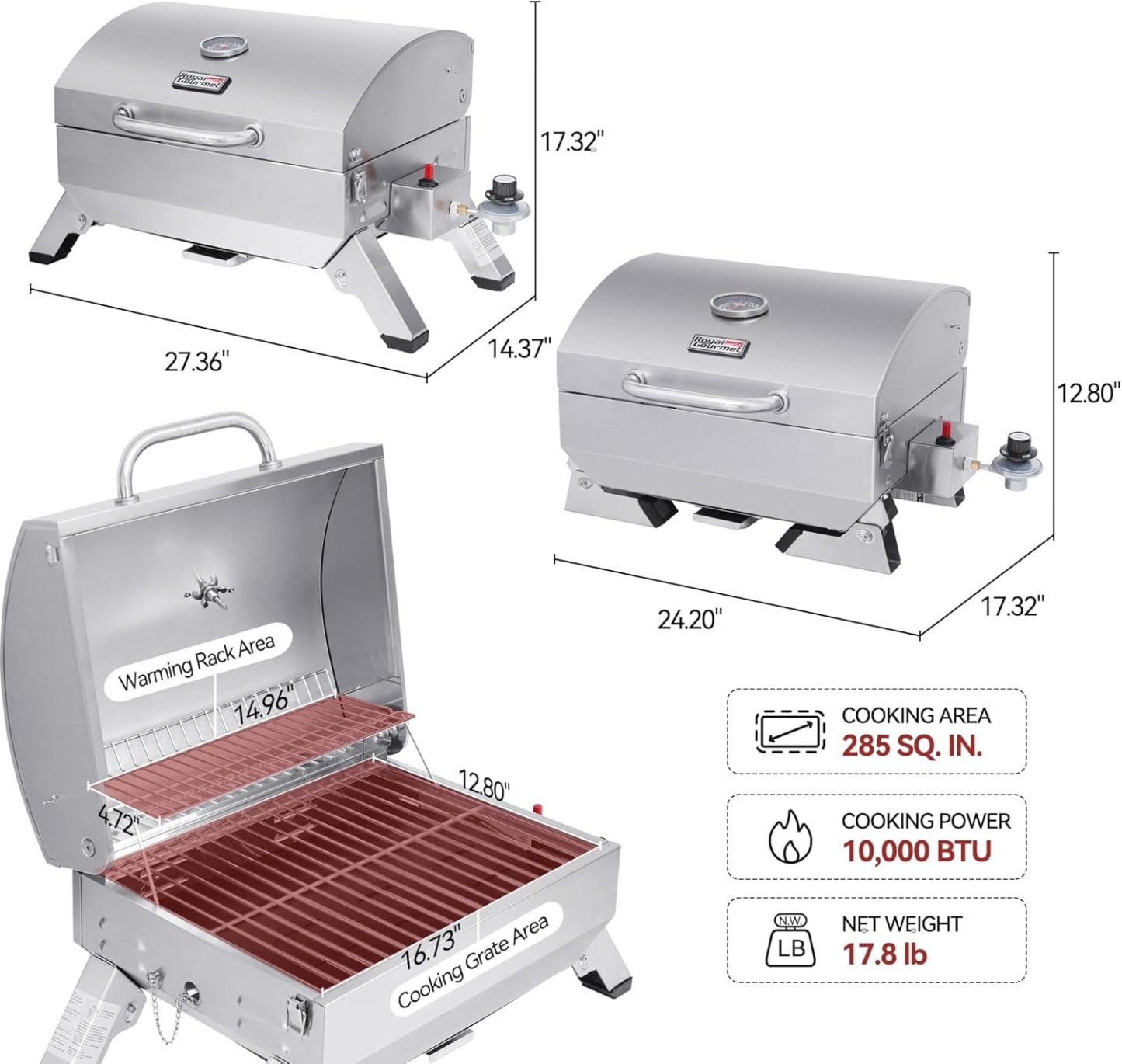 Royal Gourmet GT1001 Stainless Steel Portable Grill, 10000 BTU BBQ Tabletop Gas Grill with Folding Legs and Lockable Lid, Outdoor Camping, Deck and Tailgating, Silver