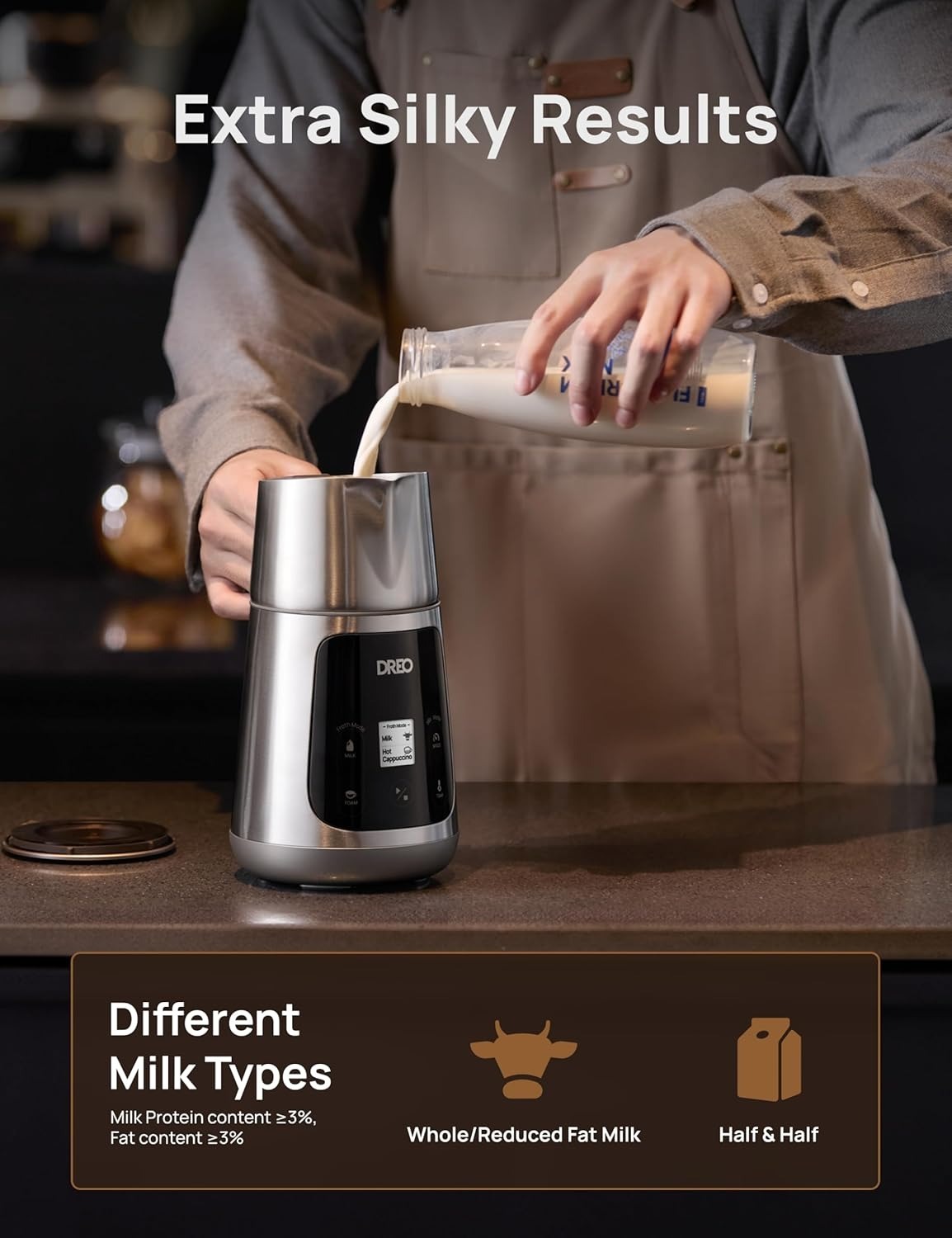 DREO Milk Frother, All-in-1 Electric Foam Maker for Coffee, 15oz/450ml Automatic Foam Frother for Latte Art-level Microfoam, 30+ Drinks, Easy to Clean, Dishwasher Safe, LED display