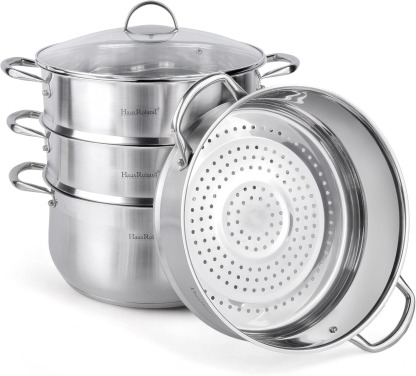 3-Tier Stainless Steel Steamer Pot with Lid Dumpling Steamer Pot for Cooking (3-tiered), Multi-Layer Cookware Pot, Food Vegetable Cooking Pan with Stackable Pan Insert for Vegetable, Dumpling, Meat, Dishwasher safe, Induction Safe (Silver, 9.08-qt. (8.6 L