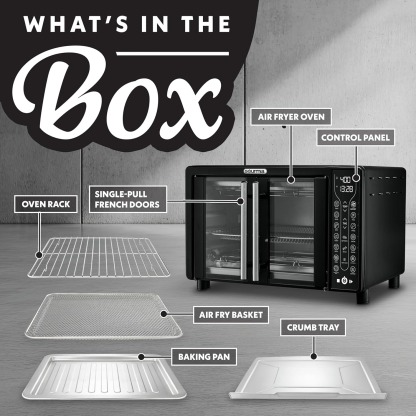 Gourmia French Door Air Fryer – 25 Qt Large Capacity Convection Oven, Fryforce 360°, Digital Display with 17 Cooking Presets, Bake, Toast, Roast, Dehydrate, Fits 12” Pizza