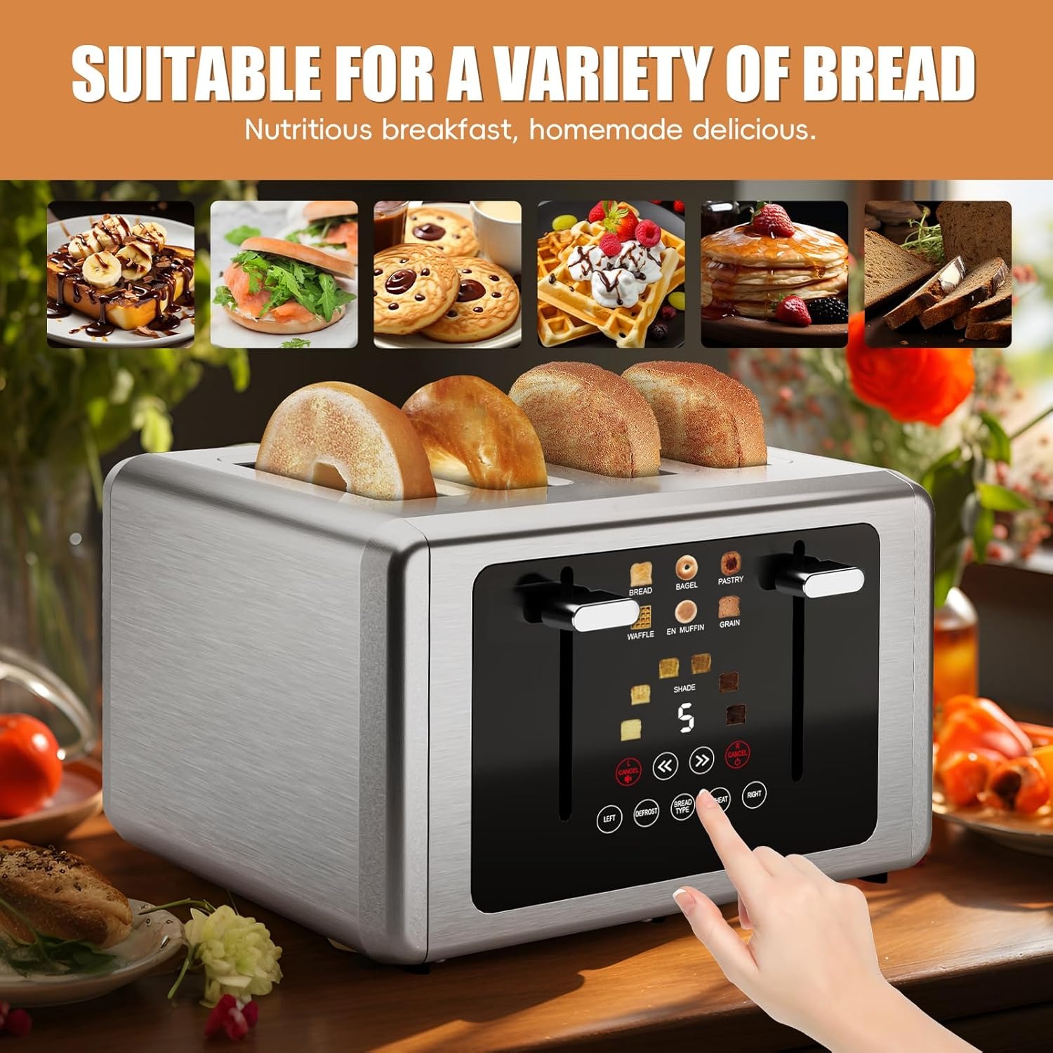 4 Slice Toaster, Touchscreen & Dual Independent Control Panel，5 Basic Functions & Digital Countdown Toasters, 6 Shade Settings＆6 Bread Types, Smart Bread Maker Mute/Screen-Off,Brushed steel