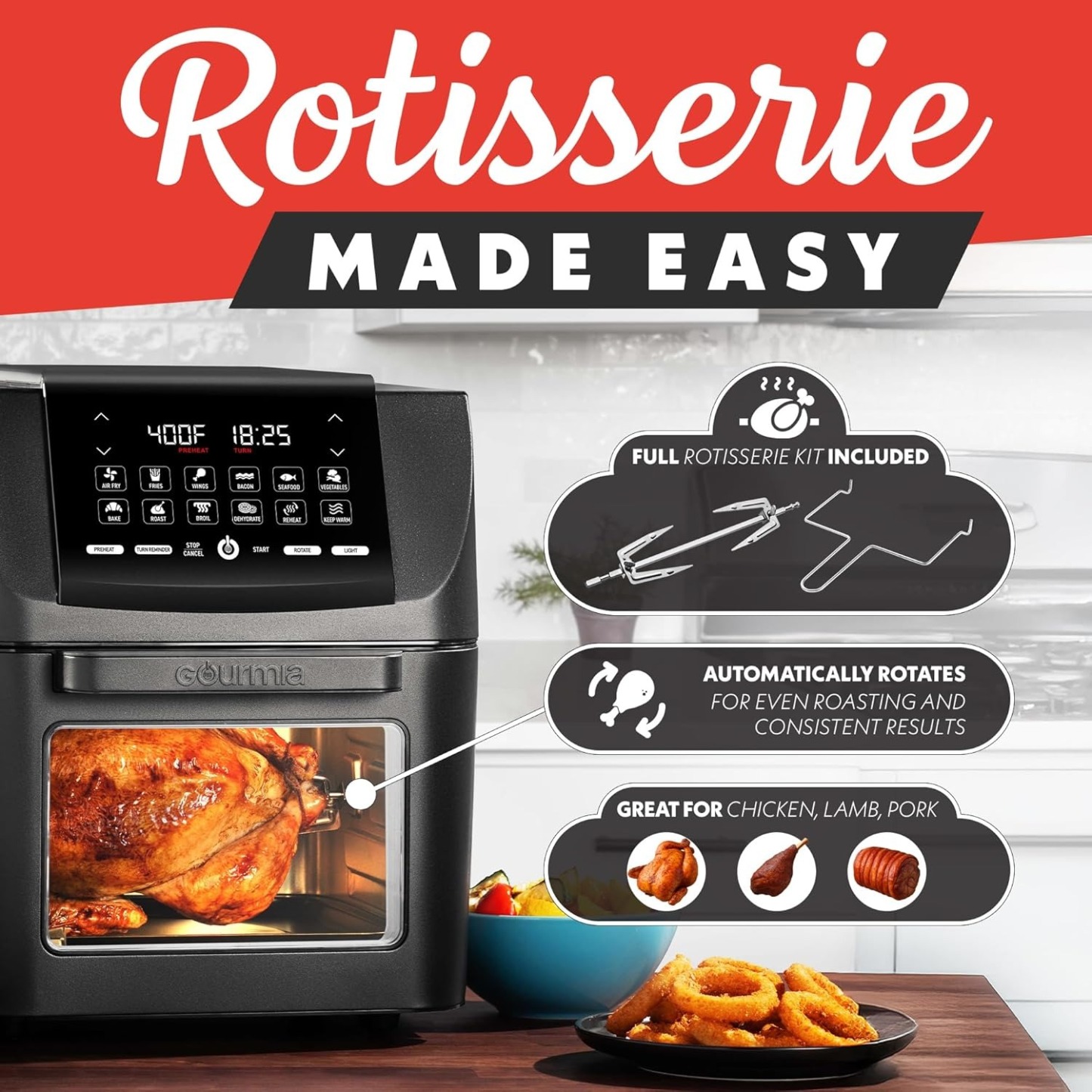 Gourmia Air Fryer - 14 Qt All-in-One Oven with Rotisserie, Digital Display with 12 Presets, Roast, Bake, Broil, Dehydrate, Dishwasher Safe Accessories, Black