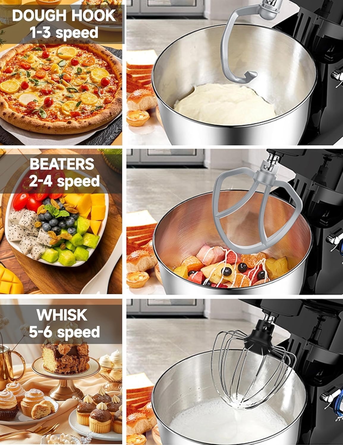 Stand Mixer 6QT Dough Maker - 660W Dough Mixer 6-Speed Electric Mixer with Egg Whisk Dough Hook Flat Beater for Home Kitchen BLACK