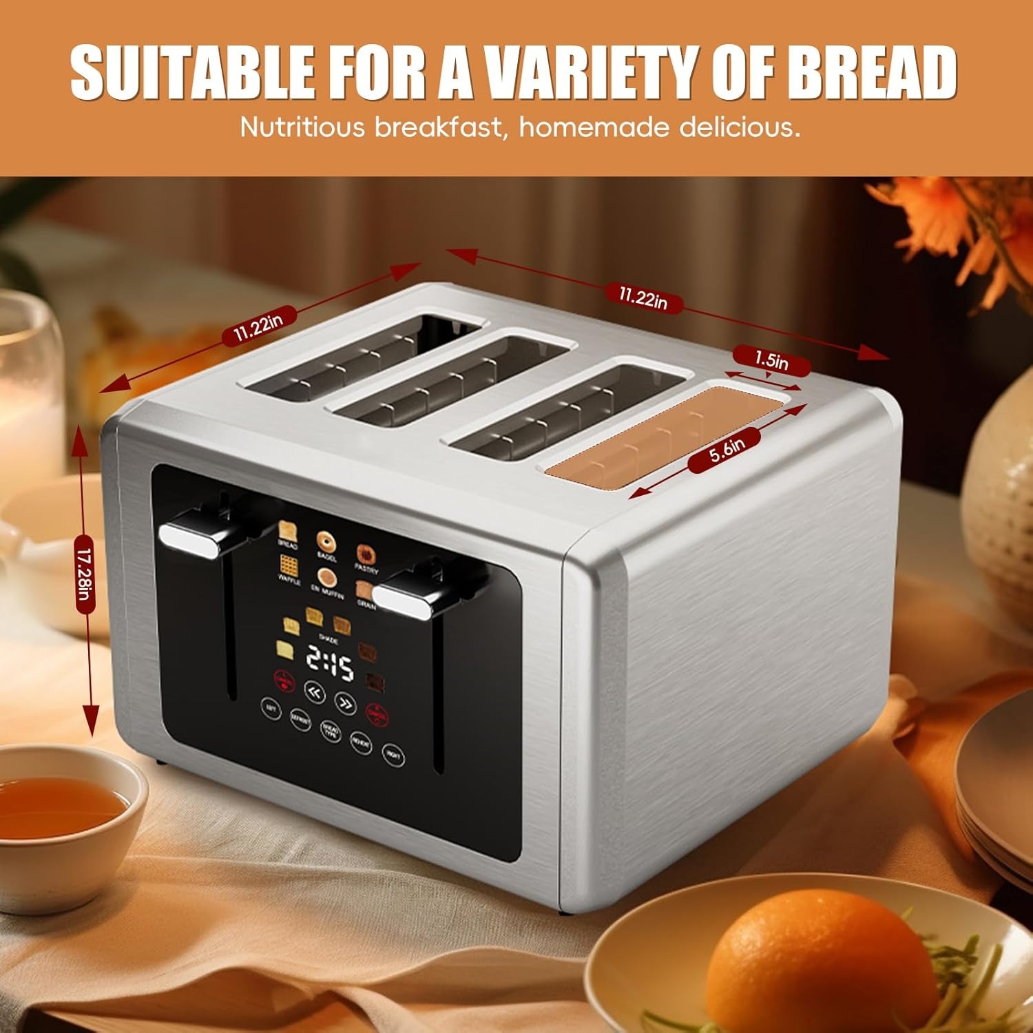 4 Slice Toaster, Touchscreen & Dual Independent Control Panel，5 Basic Functions & Digital Countdown Toasters, 6 Shade Settings＆6 Bread Types, Smart Bread Maker Mute/Screen-Off,Brushed steel