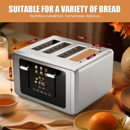 4 Slice Toaster, Touchscreen & Dual Independent Control Panel，5 Basic Functions & Digital Countdown Toasters, 6 Shade Settings＆6 Bread Types, Smart Bread Maker Mute/Screen-Off,Brushed steel