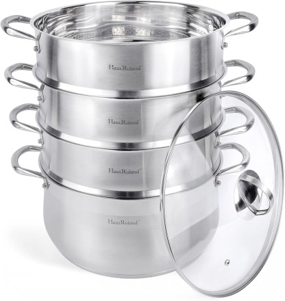 3-Tier Stainless Steel Steamer Pot with Lid Dumpling Steamer Pot for Cooking (3-tiered), Multi-Layer Cookware Pot, Food Vegetable Cooking Pan with Stackable Pan Insert for Vegetable, Dumpling, Meat, Dishwasher safe, Induction Safe (Silver, 9.08-qt. (8.6 L