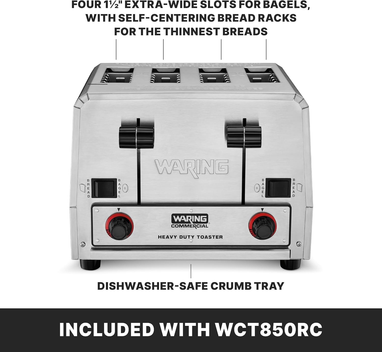 Waring Commercial WCT850RC 4-Slice Heavy Duty Commercial Pop-Up Bread/Bagel Toaster, 120V, 1800W, 5-15 Phase Plug
