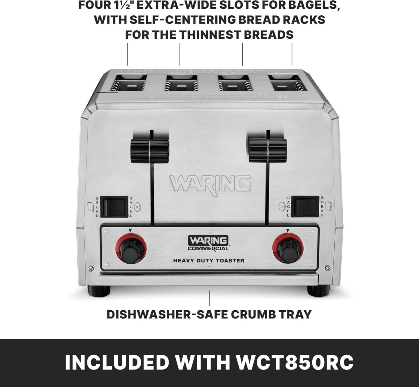 Waring Commercial WCT850RC 4-Slice Heavy Duty Commercial Pop-Up Bread/Bagel Toaster, 120V, 1800W, 5-15 Phase Plug