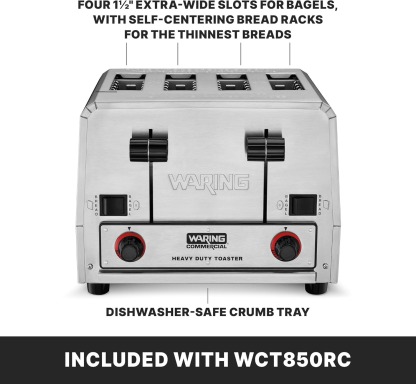 Waring Commercial WCT850RC 4-Slice Heavy Duty Commercial Pop-Up Bread/Bagel Toaster, 120V, 1800W, 5-15 Phase Plug