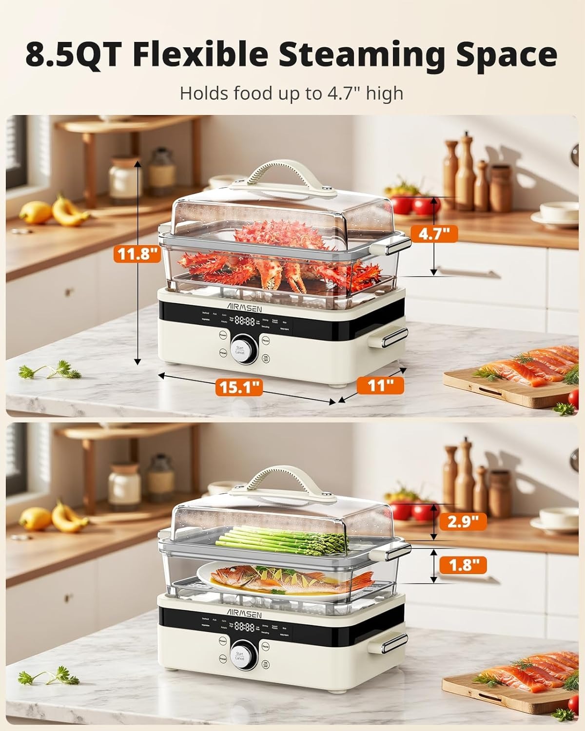 AIRMSEN Glass Food Steamer for Cooking - 8.5QT Vegetable Steamer with 2-Tier Stainless Steel Trays, 1200W Super Fast Heating for Veggies, Seafood & Rice, BPA-Free