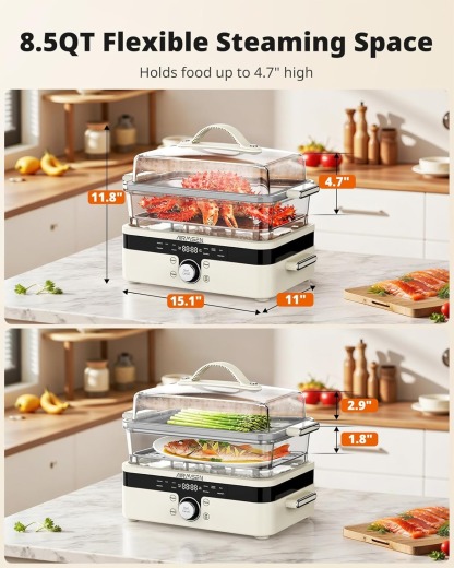 AIRMSEN Glass Food Steamer for Cooking - 8.5QT Vegetable Steamer with 2-Tier Stainless Steel Trays, 1200W Super Fast Heating for Veggies, Seafood & Rice, BPA-Free