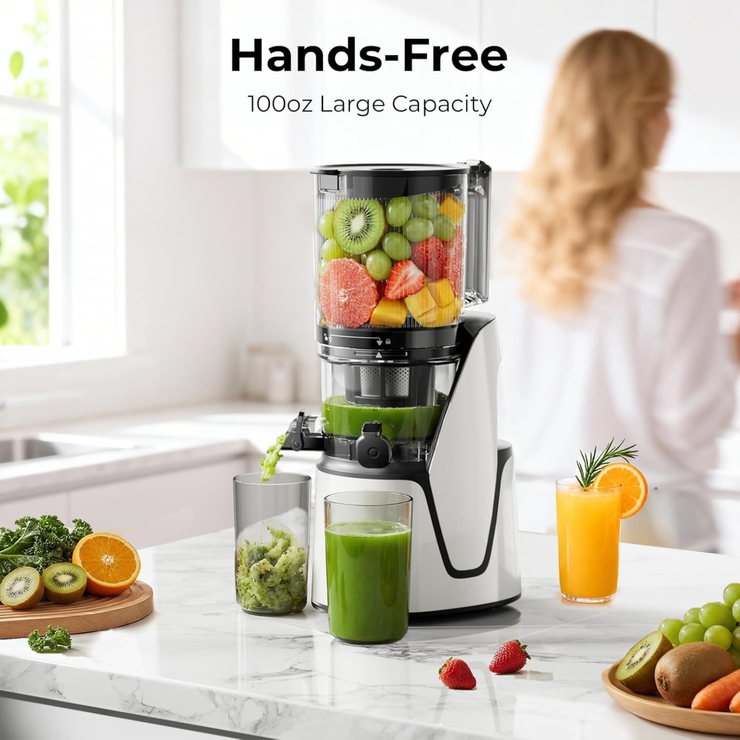 Juicer Machines, 3-in-1 Cold Press Juicer with 6.5" Extra Large Chute, 100oz Large Capacity, AC Motor, Makes Juice, Nut Milk & Sorbet, Bright White