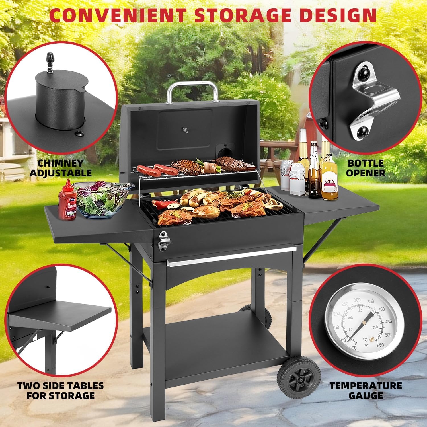 Portable Charcoal Grill with Smoking Function, Foldable Suitcase Design with Wheels, Multi-Tier Storage Rack & Waterproof Cover for Outdoor BBQ Parties (Black)