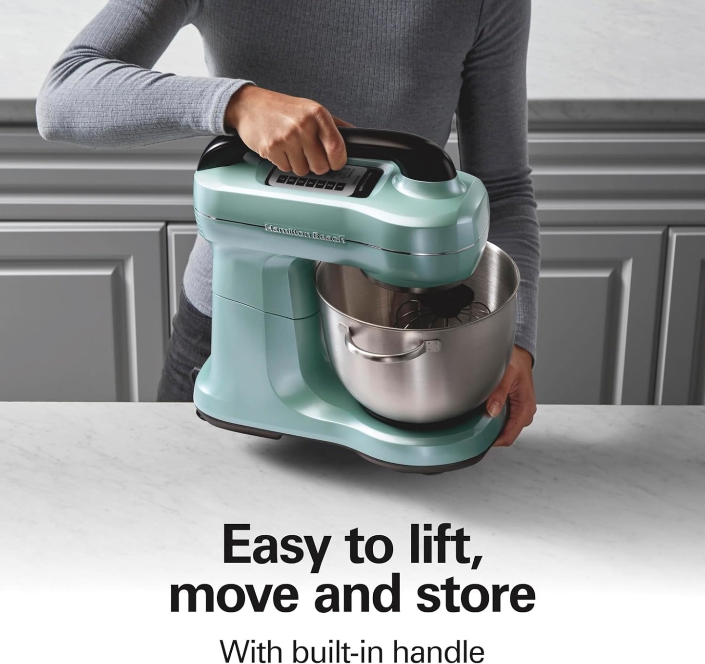 Hamilton Beach Electric Stand Mixer, 4 Quarts, Dough Hook, Flat Beater Attachments, Splash Guard, 7 Speeds with Whisk, Easy-Carry Top Handle, Aqua