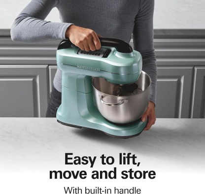 Hamilton Beach Electric Stand Mixer, 4 Quarts, Dough Hook, Flat Beater Attachments, Splash Guard, 7 Speeds with Whisk, Easy-Carry Top Handle, Aqua