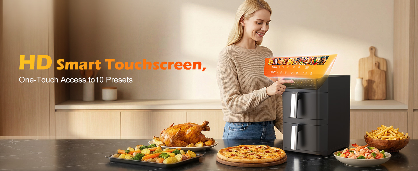 A dual-basket air fryer with a stacked design that cooks two foods at once