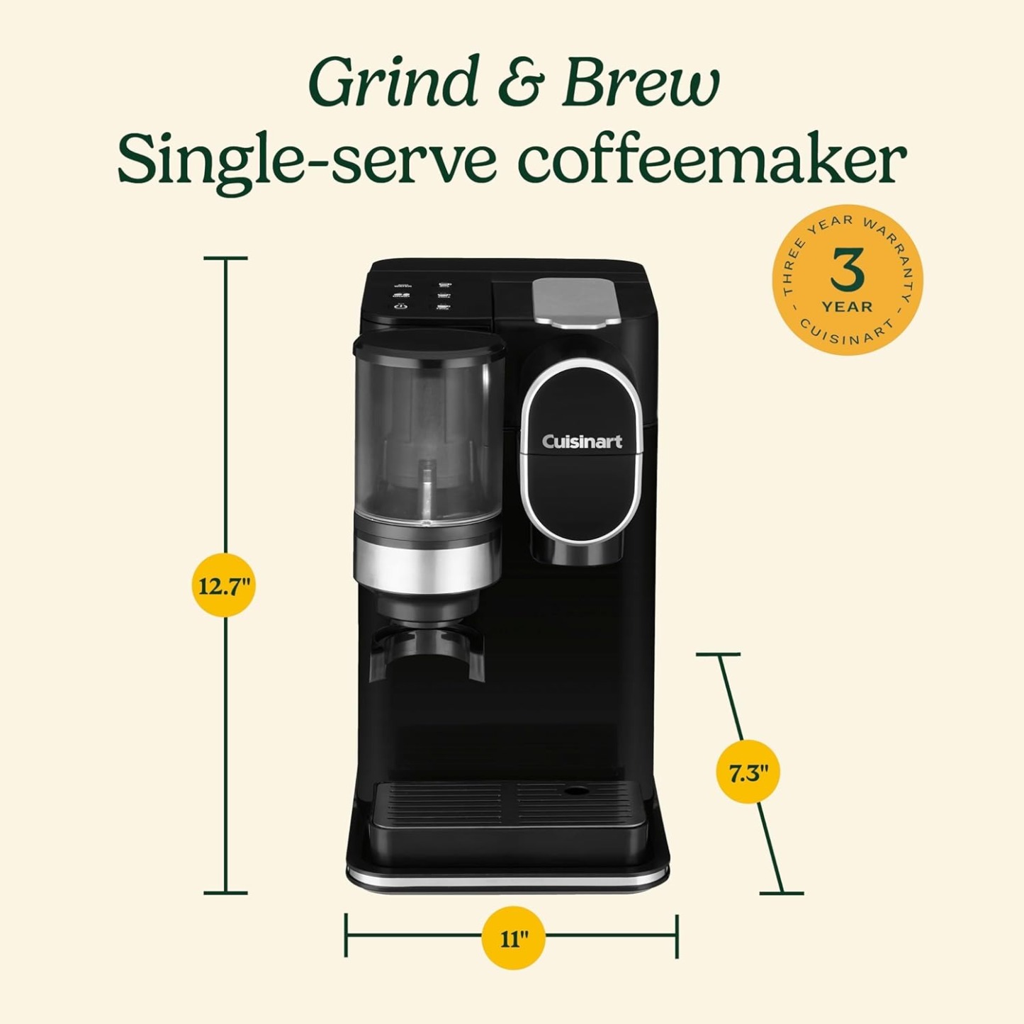 Cuisinart Single-Serve Coffee Maker + Coffee Grinder with 8 oz., 10 oz., and 12 oz. Serving Size, Compatible with Single-Cup Pods, 48-Ounce Removable Reservoir, Stainless Steel, DGB-2