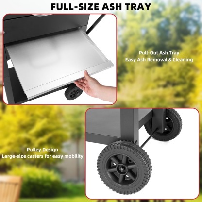 Portable Charcoal Grill with Smoking Function, Foldable Suitcase Design with Wheels, Multi-Tier Storage Rack & Waterproof Cover for Outdoor BBQ Parties (Black)