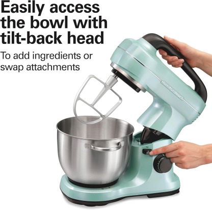 Hamilton Beach Electric Stand Mixer, 4 Quarts, Dough Hook, Flat Beater Attachments, Splash Guard, 7 Speeds with Whisk, Easy-Carry Top Handle, Aqua