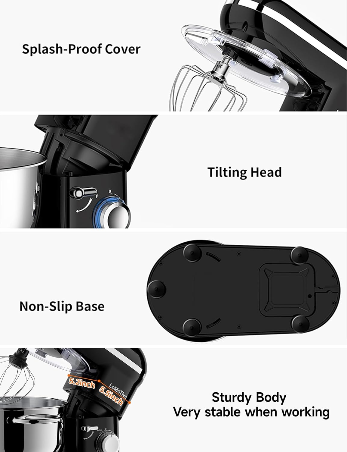 Stand Mixer 6QT Dough Maker - 660W Dough Mixer 6-Speed Electric Mixer with Egg Whisk Dough Hook Flat Beater for Home Kitchen BLACK