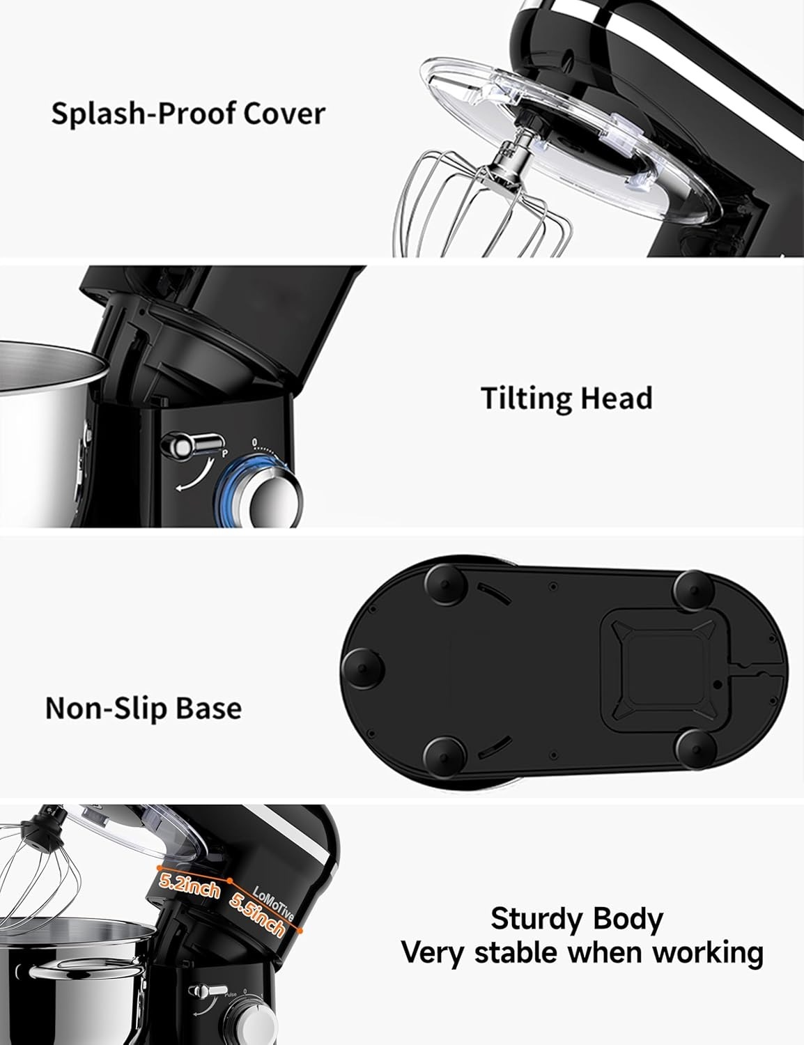 Stand Mixer 6QT Dough Maker - 660W Dough Mixer 6-Speed Electric Mixer with Egg Whisk Dough Hook Flat Beater for Home Kitchen BLACK