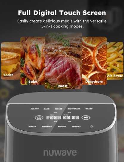 Nuwave Brio Plus 8 Qt Air Fryer, PFAS Free, New & Improved, Digital Touch Screen, Cool White Display, 50°F~400°F in Precise 5°, 5 Cook Functions, 100 Presets & 50 Memory, 3 Wattages 700, 1500, 1800