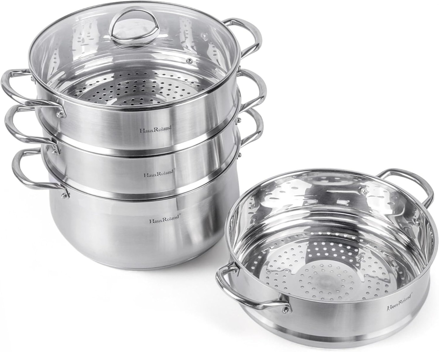 3-Tier Stainless Steel Steamer Pot with Lid Dumpling Steamer Pot for Cooking (3-tiered), Multi-Layer Cookware Pot, Food Vegetable Cooking Pan with Stackable Pan Insert for Vegetable, Dumpling, Meat, Dishwasher safe, Induction Safe (Silver, 9.08-qt. (8.6 L