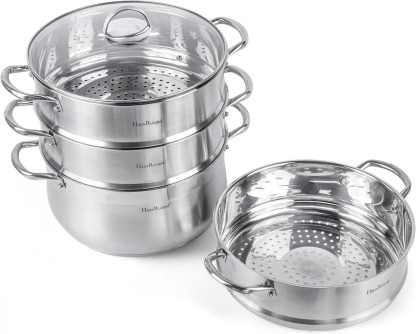 3-Tier Stainless Steel Steamer Pot with Lid Dumpling Steamer Pot for Cooking (3-tiered), Multi-Layer Cookware Pot, Food Vegetable Cooking Pan with Stackable Pan Insert for Vegetable, Dumpling, Meat, Dishwasher safe, Induction Safe (Silver, 9.08-qt. (8.6 L
