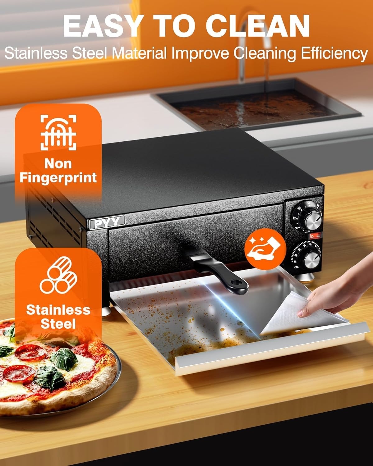 PYY Electric Pizza Oven Indoor Countertop Pizza Oven Commercial Pizza Maker Machine for Home with Timer Stainless Steel Pizza Cooker,Matte Black