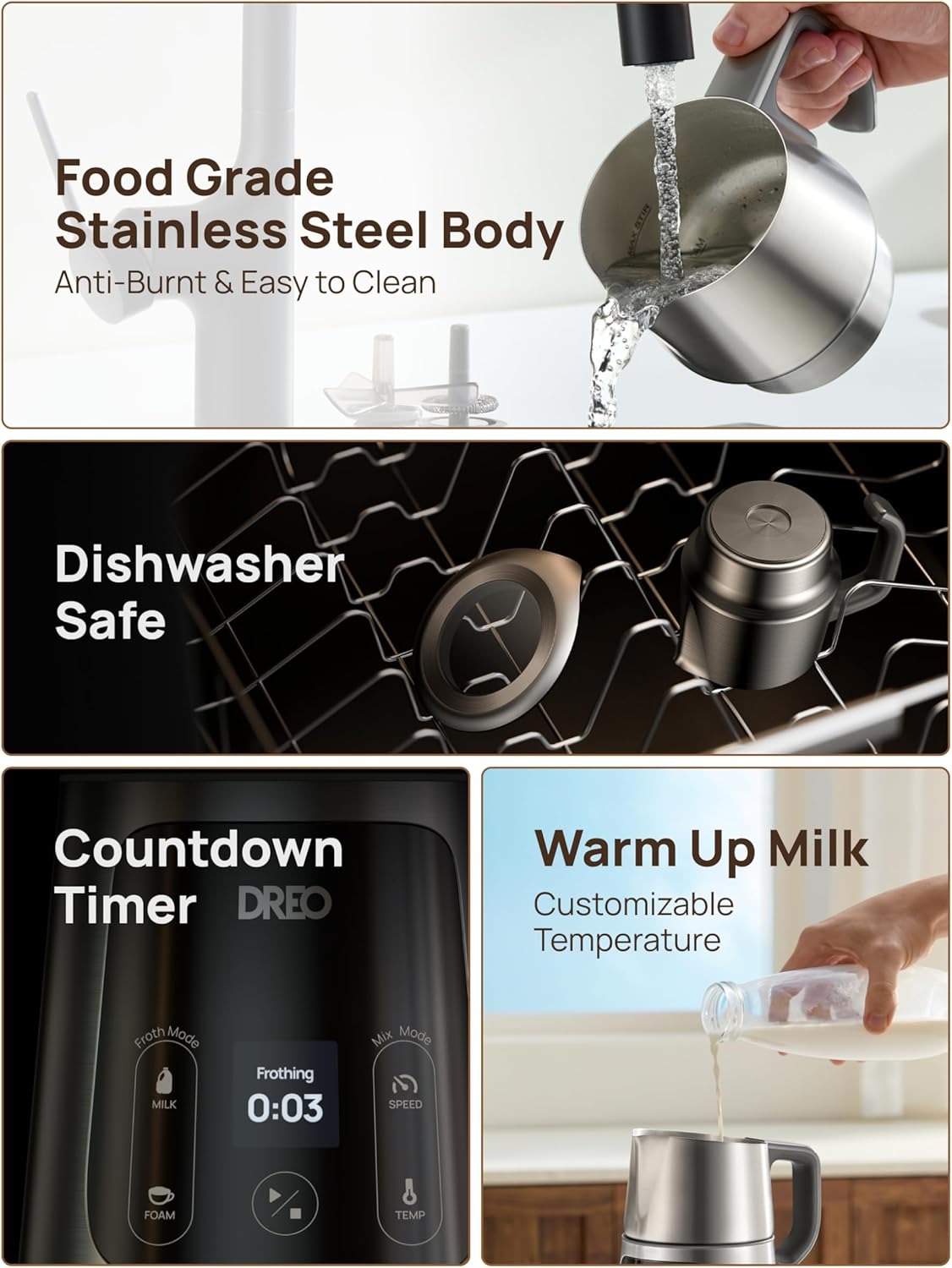 DREO Milk Frother, All-in-1 Electric Foam Maker for Coffee, 15oz/450ml Automatic Foam Frother for Latte Art-level Microfoam, 30+ Drinks, Easy to Clean, Dishwasher Safe, LED display