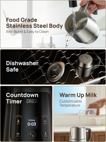 DREO Milk Frother, All-in-1 Electric Foam Maker for Coffee, 15oz/450ml Automatic Foam Frother for Latte Art-level Microfoam, 30+ Drinks, Easy to Clean, Dishwasher Safe, LED display