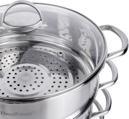 3-Tier Stainless Steel Steamer Pot with Lid Dumpling Steamer Pot for Cooking (3-tiered), Multi-Layer Cookware Pot, Food Vegetable Cooking Pan with Stackable Pan Insert for Vegetable, Dumpling, Meat, Dishwasher safe, Induction Safe (Silver, 9.08-qt. (8.6 L