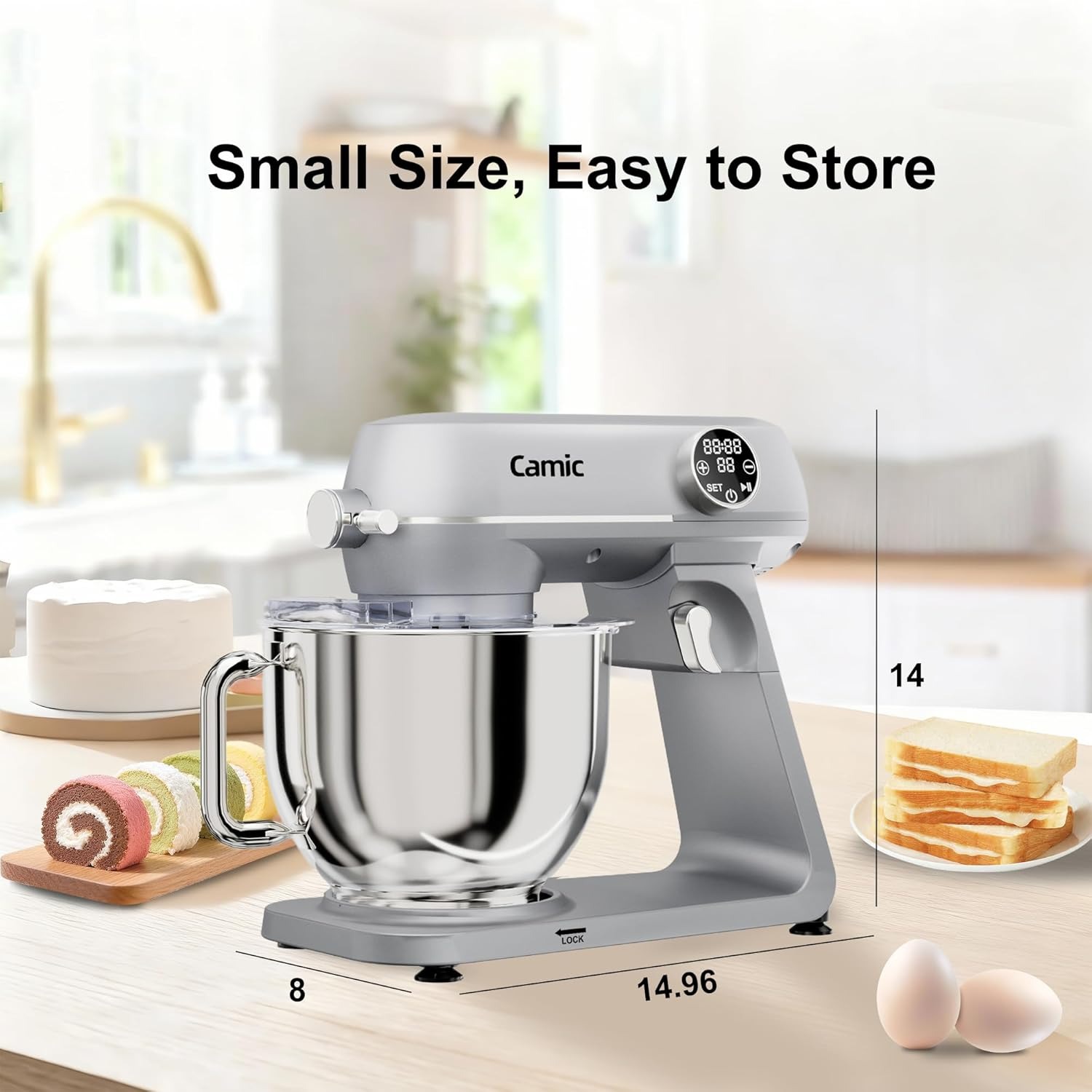 8.45 QT All Metal Stand Mixer,10 Speed Large Capacity Kitchen Mixer with Digital Timer & Tilt-Head, Electric Mixer with Whisk Dough Hook Mixing Beater for Baking,Cakes,Cookie,Bread,Salad(Silver)
