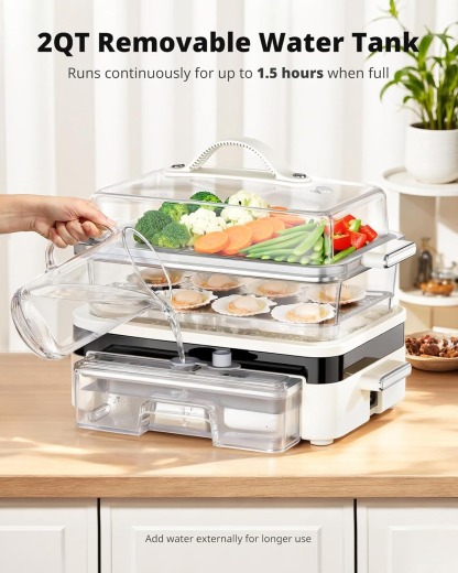 AIRMSEN Glass Food Steamer for Cooking - 8.5QT Vegetable Steamer with 2-Tier Stainless Steel Trays, 1200W Super Fast Heating for Veggies, Seafood & Rice, BPA-Free