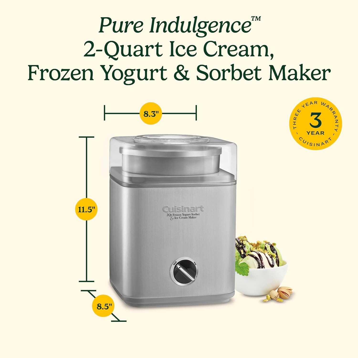 Cuisinart Ice Cream Maker Machine, 2-Quart Ice Cream, Sorbet and Frozen Yogurt Machine, Fully Automatic Double-Insulated Freezer Bowl Makes Frozen Desserts in Under 30 Minutes, ICE30BCP1, Silver