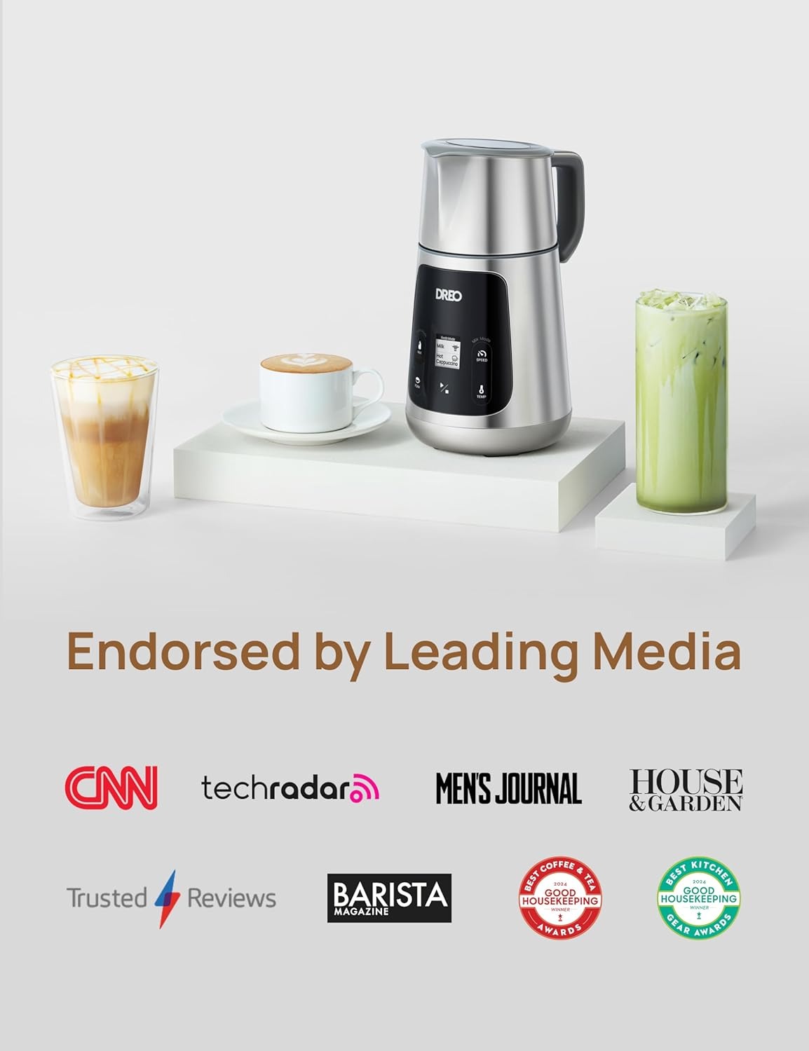 DREO Milk Frother, All-in-1 Electric Foam Maker for Coffee, 15oz/450ml Automatic Foam Frother for Latte Art-level Microfoam, 30+ Drinks, Easy to Clean, Dishwasher Safe, LED display