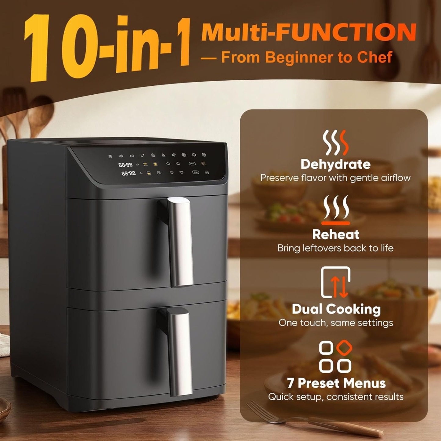 Dual Basket Air Fryer, 12.6QT Family-Size for 10–12 People, XL Basket for 6LB Whole Chicken, DoubleStack Compact Design, 10-in-1 Functions with Reheat, Dehydrate & SyncFinish, Dishwasher-Safe, Black