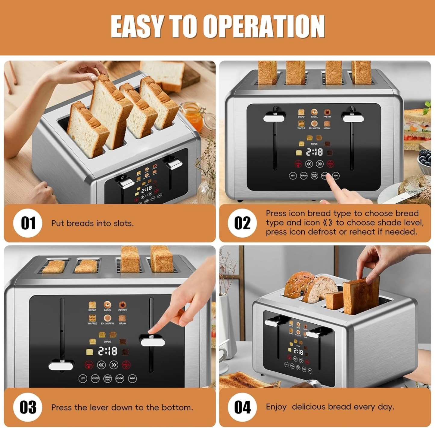 4 Slice Toaster, Touchscreen & Dual Independent Control Panel，5 Basic Functions & Digital Countdown Toasters, 6 Shade Settings＆6 Bread Types, Smart Bread Maker Mute/Screen-Off,Brushed steel