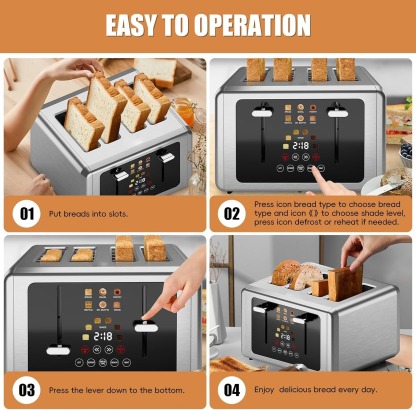 4 Slice Toaster, Touchscreen & Dual Independent Control Panel，5 Basic Functions & Digital Countdown Toasters, 6 Shade Settings＆6 Bread Types, Smart Bread Maker Mute/Screen-Off,Brushed steel