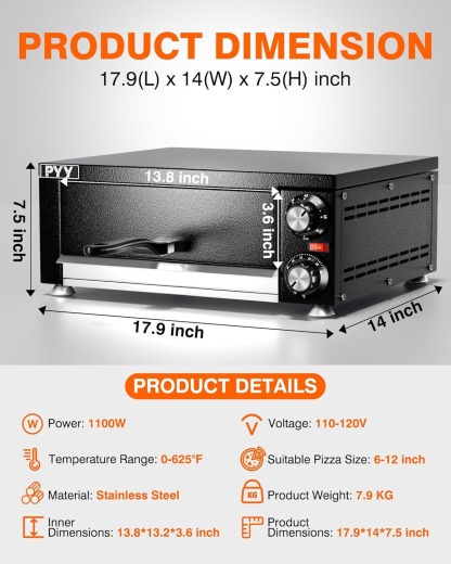 PYY Electric Pizza Oven Indoor Countertop Pizza Oven Commercial Pizza Maker Machine for Home with Timer Stainless Steel Pizza Cooker,Matte Black