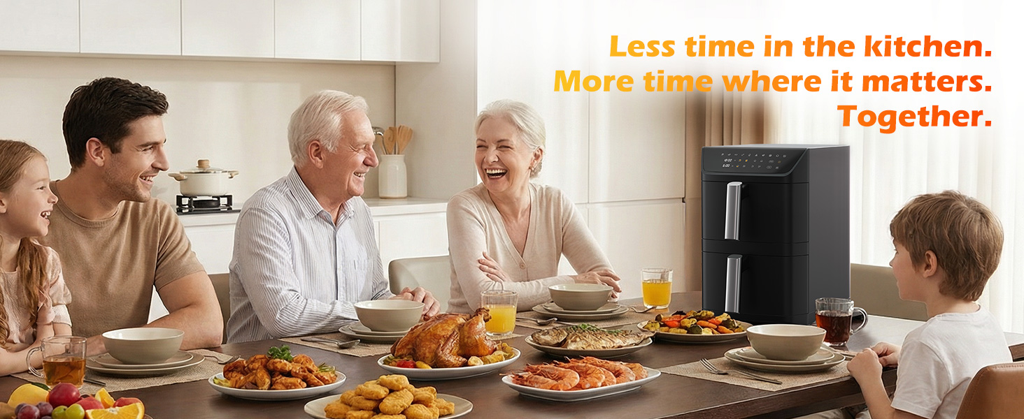 A dual-basket air fryer with a stacked design that cooks two foods at once