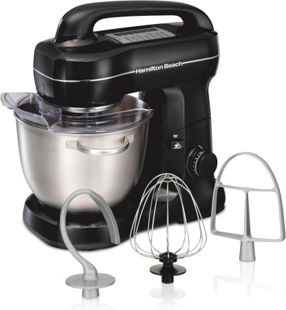 Hamilton Beach Electric Stand Mixer, 4 Quarts, Dough Hook, Flat Beater Attachments, Splash Guard, 7 Speeds with Whisk, Easy-Carry Top Handle, Aqua