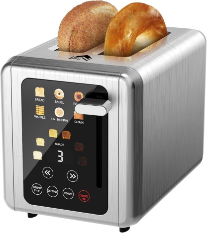 4 Slice Toaster, Touchscreen & Dual Independent Control Panel，5 Basic Functions & Digital Countdown Toasters, 6 Shade Settings＆6 Bread Types, Smart Bread Maker Mute/Screen-Off,Brushed steel