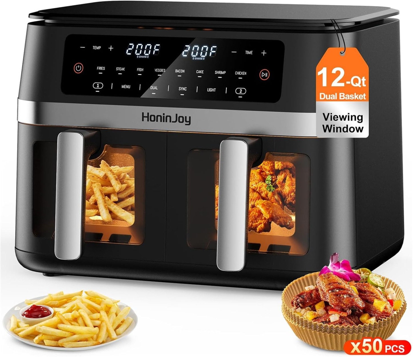 12QT Large Dual Basket Air Fryer with Flex Basket, Viewing Window and 50PCS Paper Liners, 12-in-1 Family Size with Sync & Dual & Light, Double Zone for Bake, Roast, Reheat, Dishwasher Safe