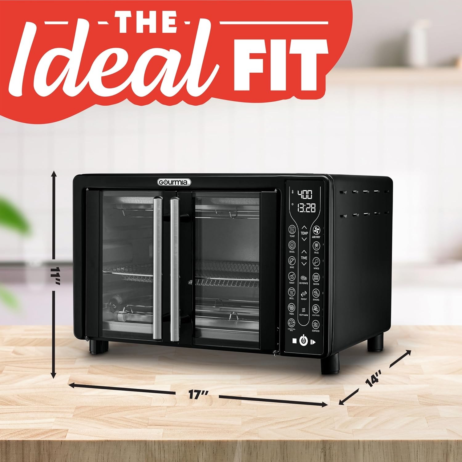 Gourmia French Door Air Fryer – 25 Qt Large Capacity Convection Oven, Fryforce 360°, Digital Display with 17 Cooking Presets, Bake, Toast, Roast, Dehydrate, Fits 12” Pizza