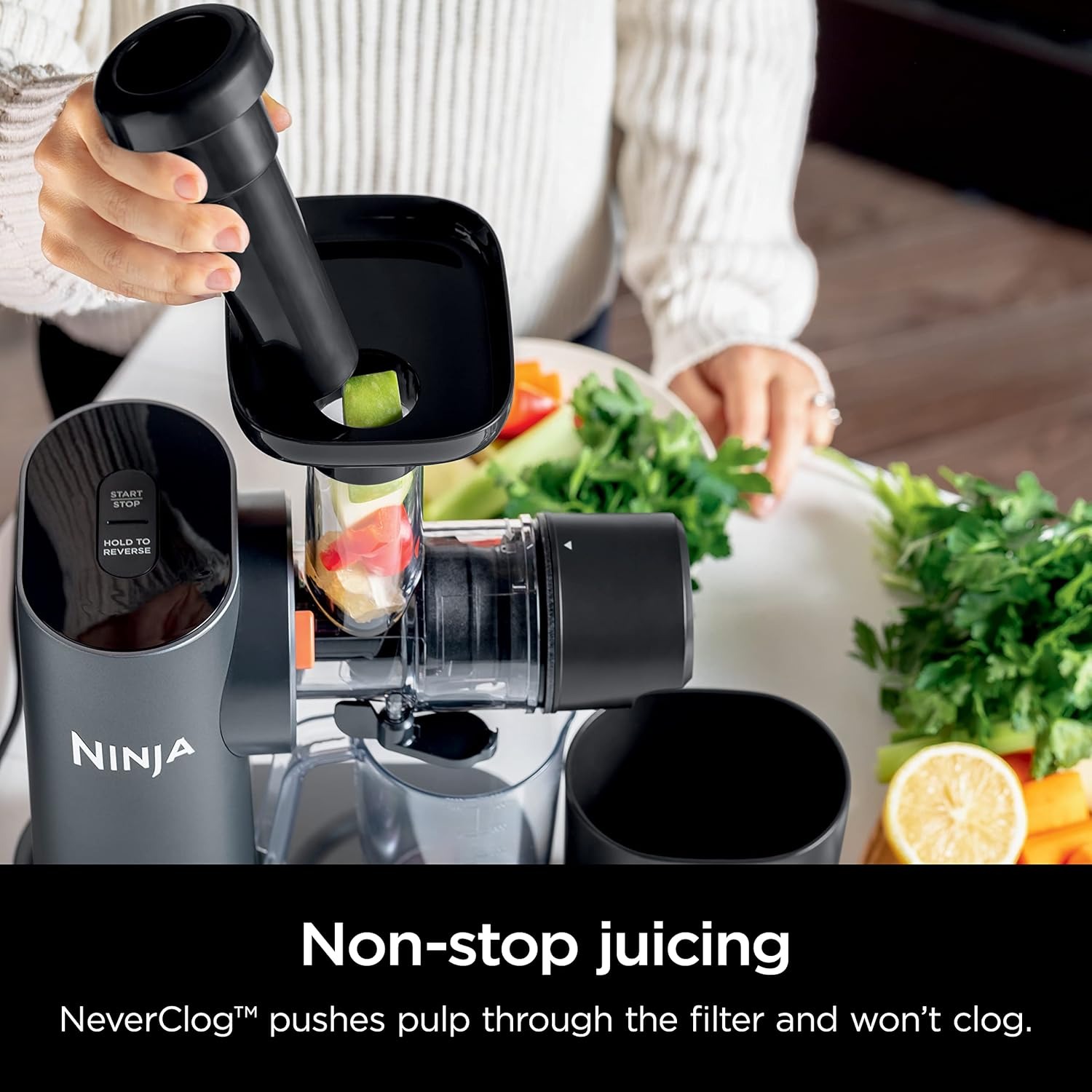 Ninja NeverClog Cold Press Juicer, Powerful Slow Juicer with Total Pulp Control, Countertop, Electric, 2 Pulp Functions, Dishwasher Safe, 2nd Generation, Charcoal, JC151