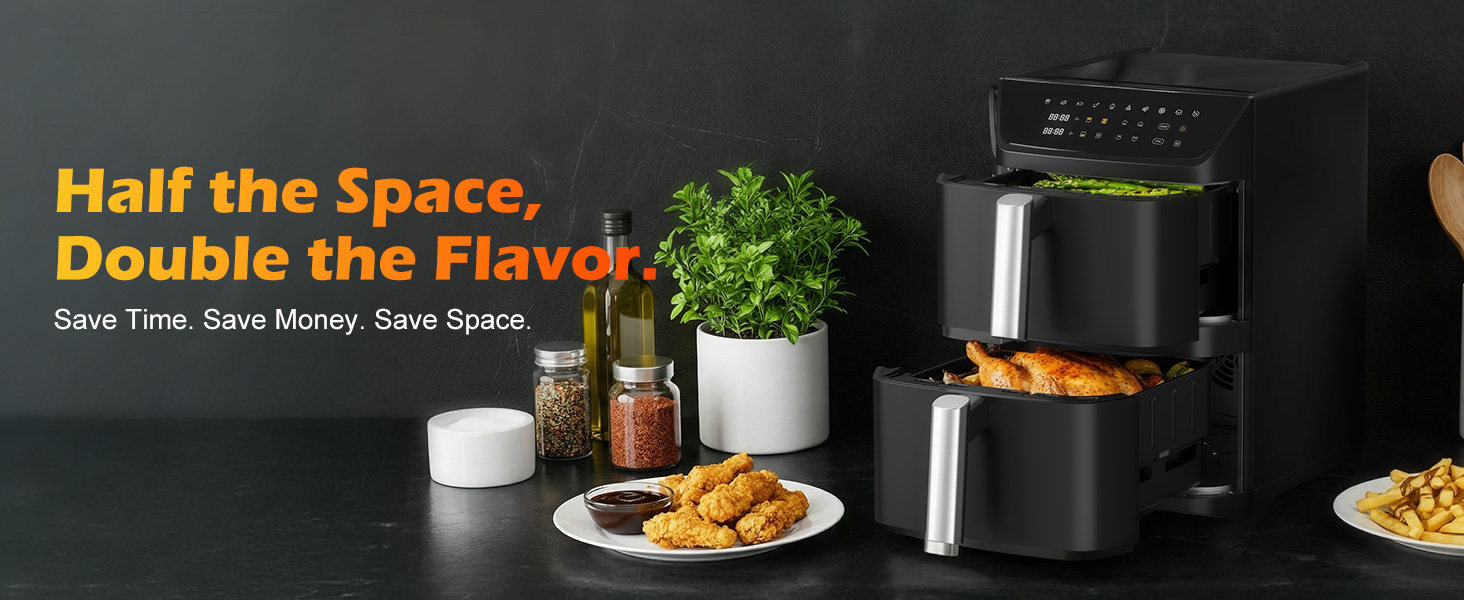 A dual-basket air fryer with a stacked design that cooks two foods at once