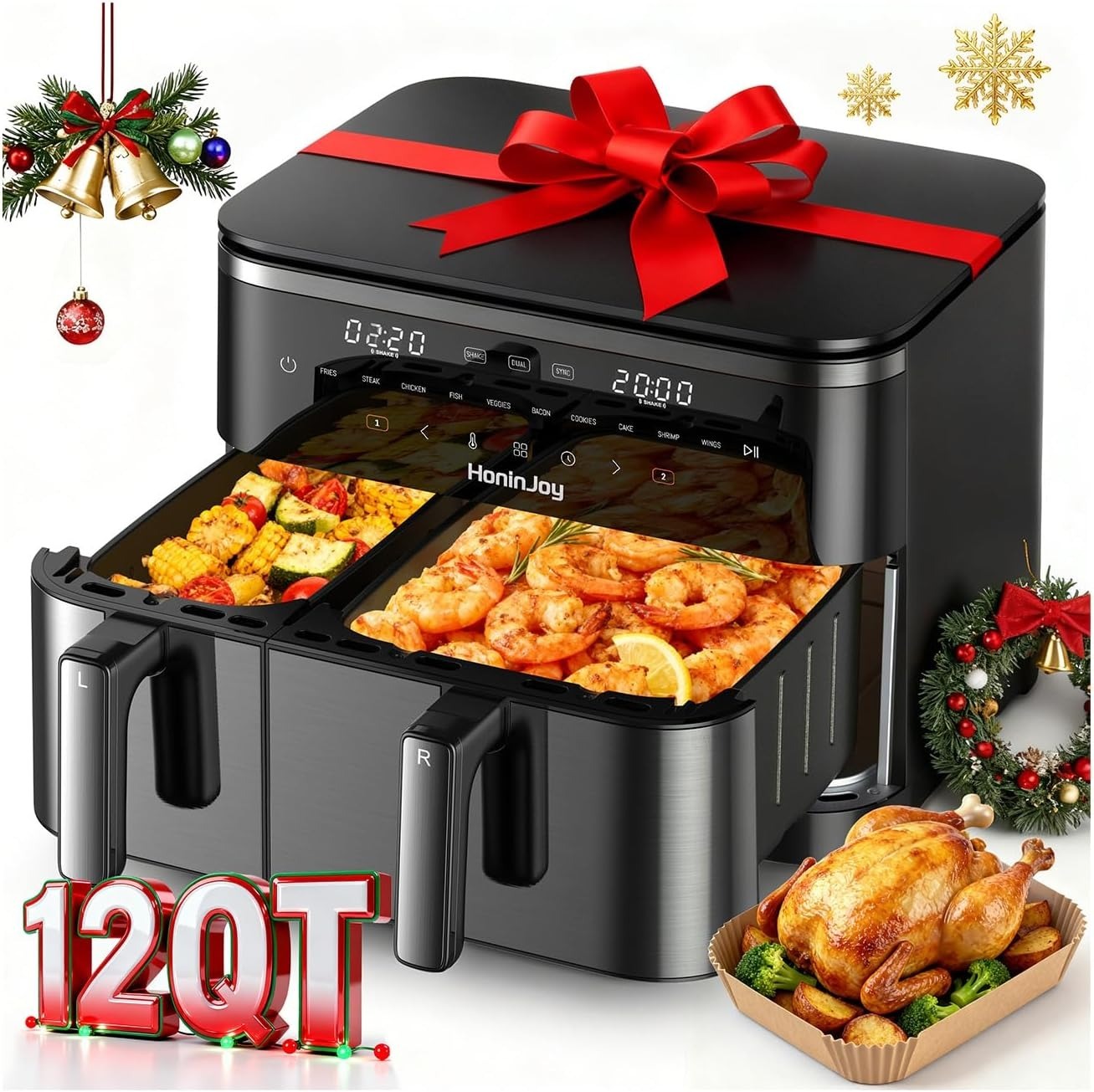 12QT Large Dual Basket Air Fryer with Flex Basket, Viewing Window and 50PCS Paper Liners, 12-in-1 Family Size with Sync & Dual & Light, Double Zone for Bake, Roast, Reheat, Dishwasher Safe