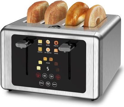 4 Slice Toaster, Touchscreen & Dual Independent Control Panel，5 Basic Functions & Digital Countdown Toasters, 6 Shade Settings＆6 Bread Types, Smart Bread Maker Mute/Screen-Off,Brushed steel