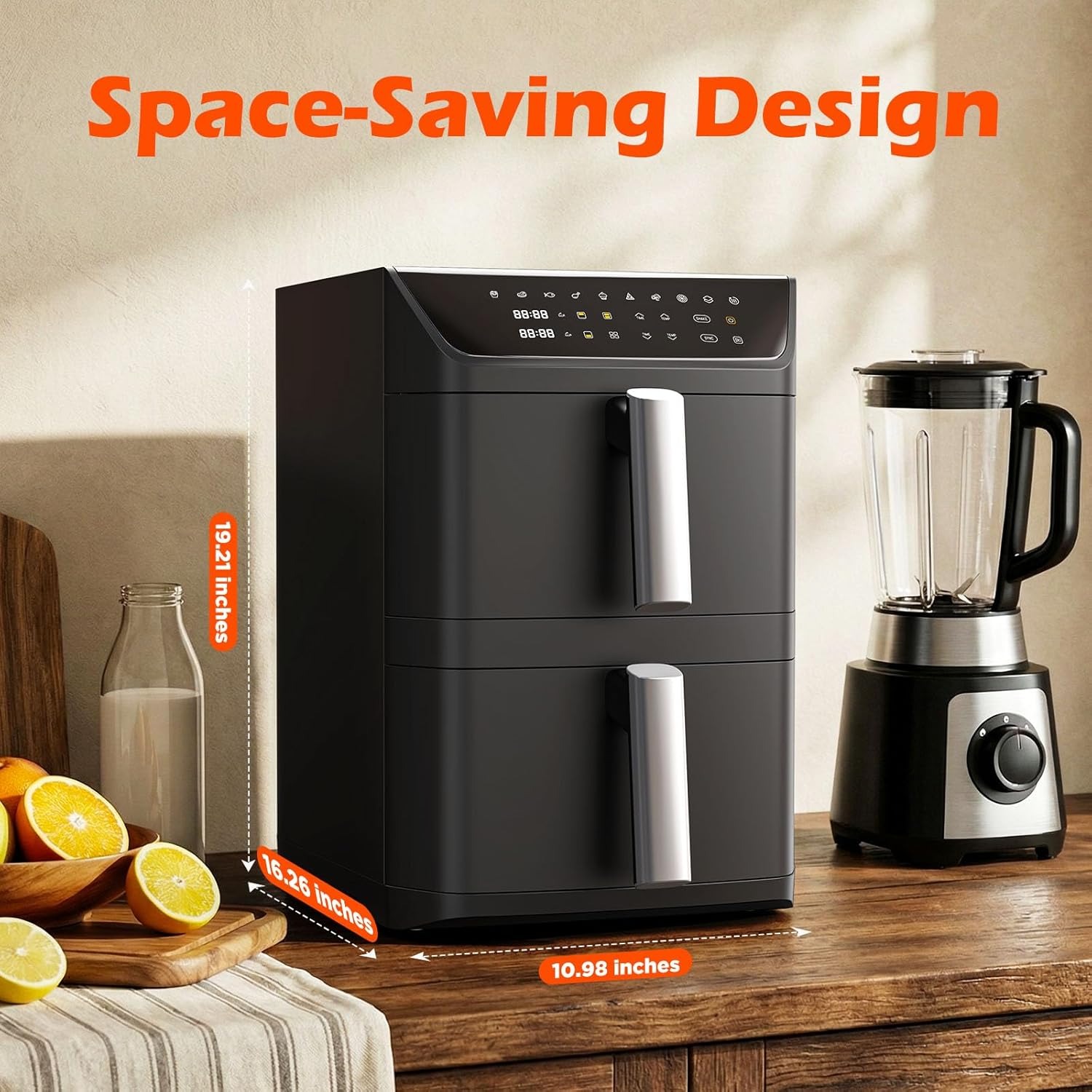 Dual Basket Air Fryer, 12.6QT Family-Size for 10–12 People, XL Basket for 6LB Whole Chicken, DoubleStack Compact Design, 10-in-1 Functions with Reheat, Dehydrate & SyncFinish, Dishwasher-Safe, Black